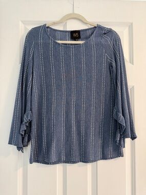 W5 Blue Pinstripe Ruffle-Sleeve Blouse